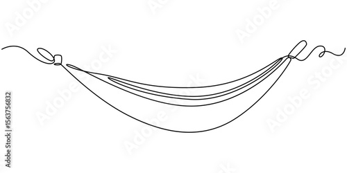 Hammock hung on trees continuous one line drawing. Relax concept minimalist style single line design. Vector illustration, editable stroke, continuous one line art drawing of a hammock illustration.
