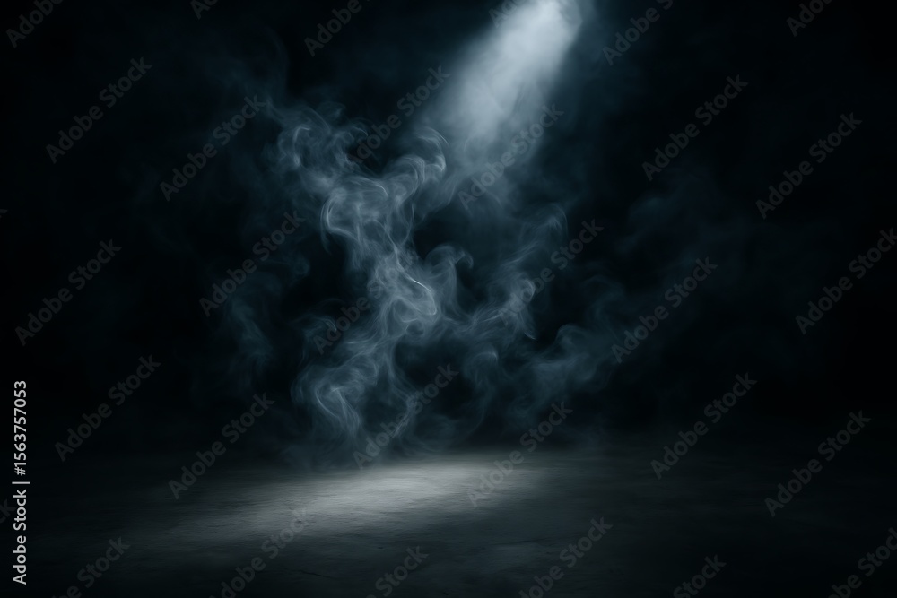 Fototapeta premium A spotlight illuminates a smoky dark studio scene with a textured floor