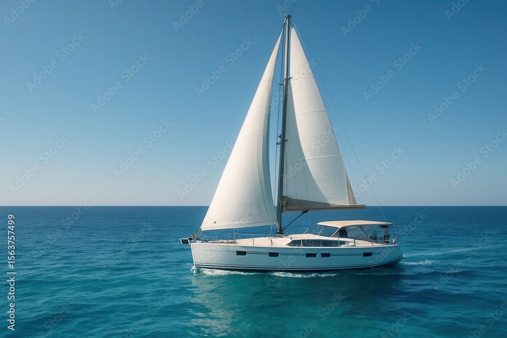 Fototapeta premium A sailboat with white sails sailing in the ocean on a sunny day