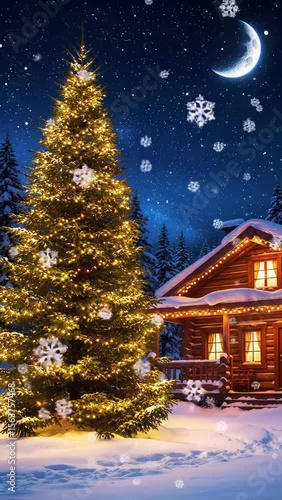 Wallpaper Mural A magnificent, towering Christmas tree with twinkling warm lights and rustic log cabin with glowing windows in pristine snow under an indigo starry night with drifting snowflakes. Heartwarming Torontodigital.ca
