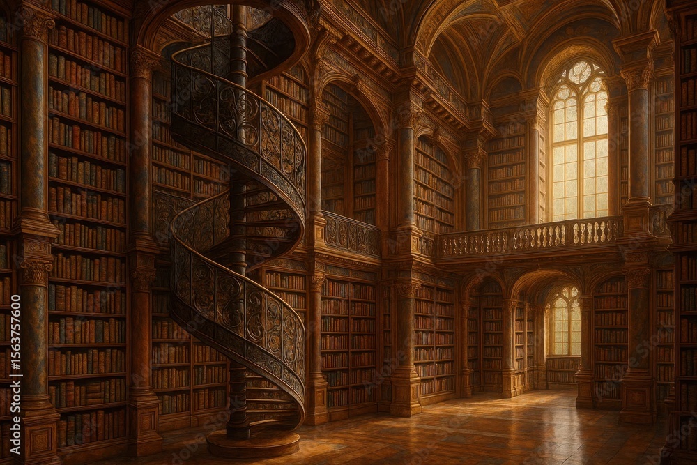 Fototapeta premium A spiral staircase in a library filled with lots of books
