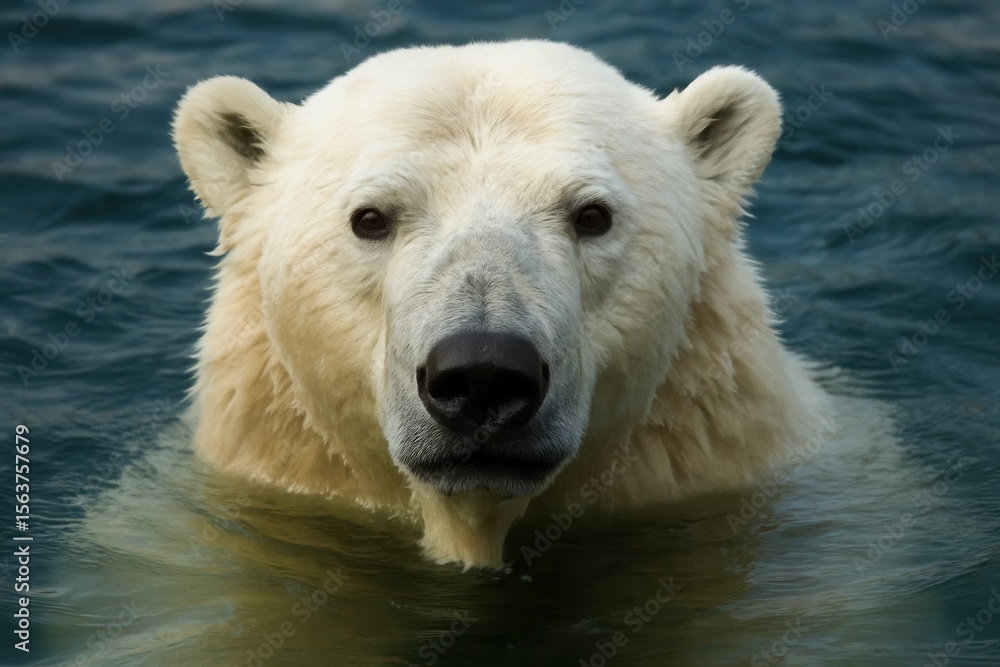 A polar bear swimming in the water looking at the camera A polar bear swimming in the water looking at the camera