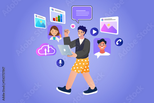 person walking confidently while holding a laptop, surrounded by speech bubbles, social media icons, and abstract representations of data and ideas. It suggests social networking and content creation.