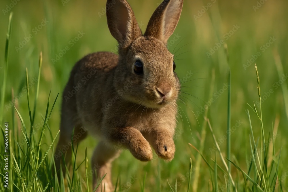 Fototapeta premium A small brown rabbit running through a field of green grass