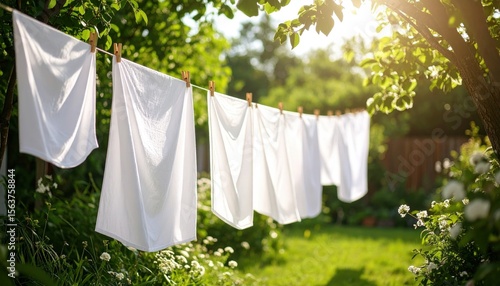 Wallpaper Mural White Towels Drying On Clothesline In Sunny Garden Torontodigital.ca