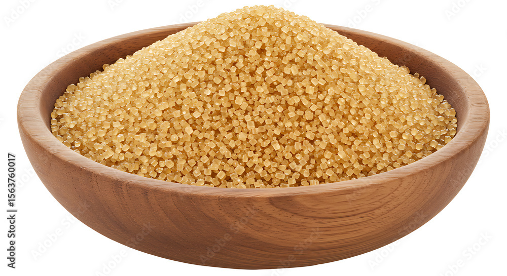 Brown sugar crystals in wooden bowl isolated on transparent background. Brown sugar crystals in wooden bowl isolated on transparent background.