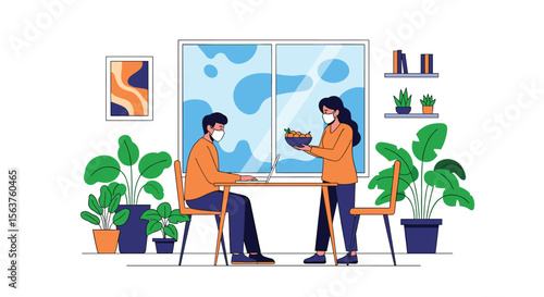 Two people wearing face masks and eating a meal together in a home setting surrounded by lush green plants and natural light streaming through a large window