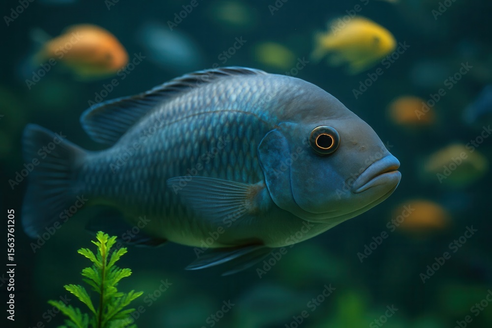 Fototapeta premium A blue fish swimming in an aquarium with other fish in the background