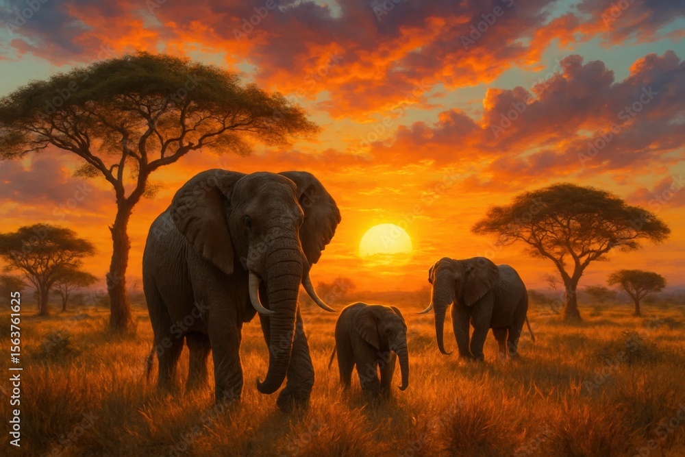 Fototapeta premium A herd of elephants walking across a grass covered field