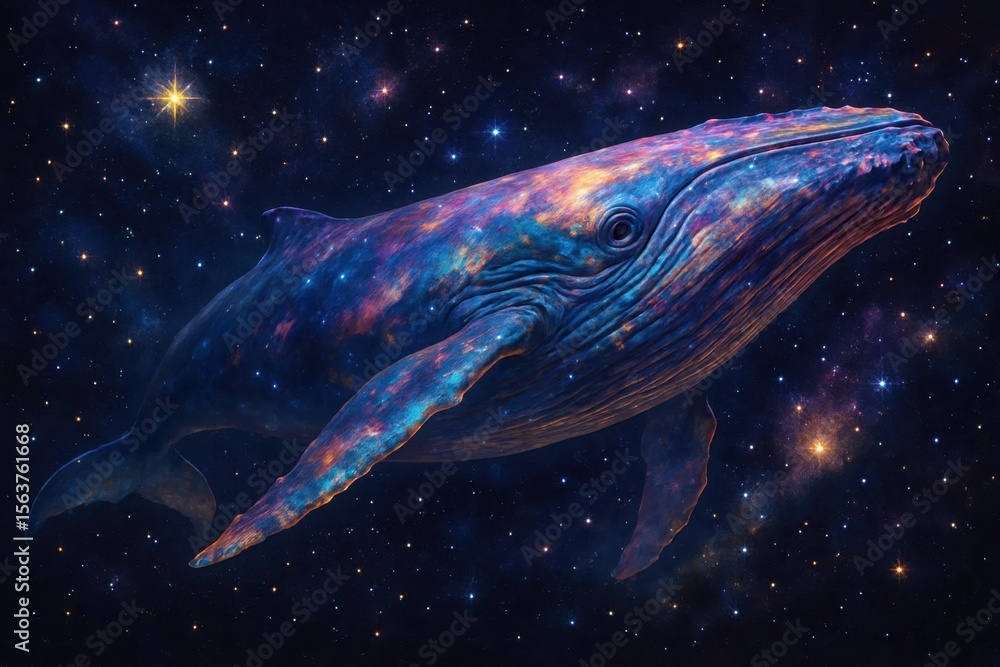 Fototapeta premium A blue whale floating in space with stars in the background