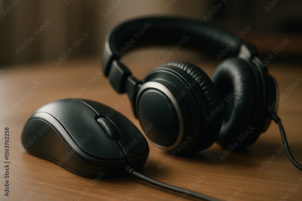 A pair of headphones and a computer mouse on a table A pair of headphones and a computer mouse on a table