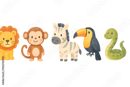 Adorable watercolor safari animals line up for a cheerful, whimsical adventure.
