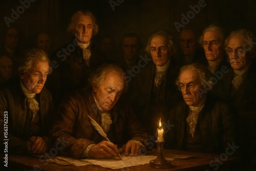 A painting of a group of men sitting around a table with a candle