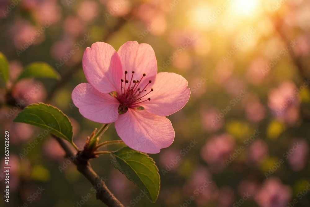 Obraz premium A pink flower on a tree branch with the sun in the background