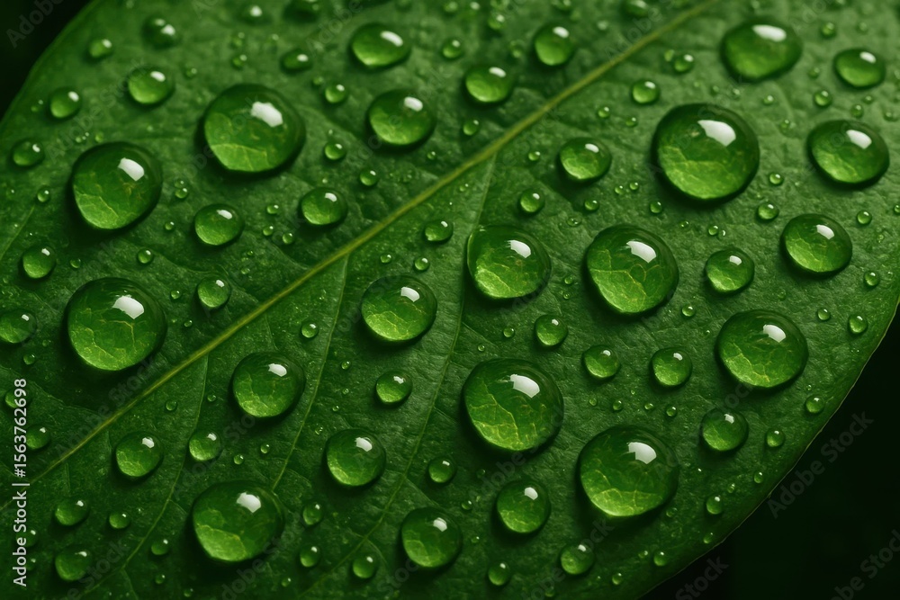 A close up of water droplets on a green leaf A close up of water droplets on a green leaf