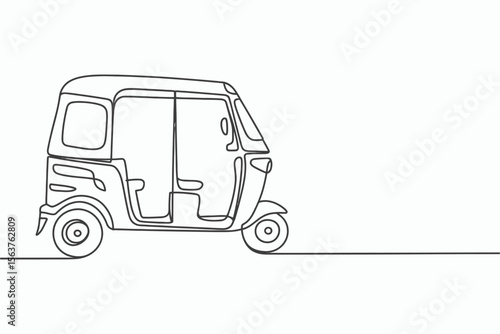 Minimalist single line drawing of a three wheeled auto rickshaw on a white background
