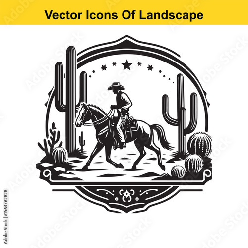 Silhouetted Cowboy Leading Horse – Western Desert Scene in Black and White Line Art