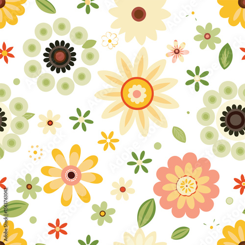 Colorful floral pattern with various flowers and leaves on a white background (1)