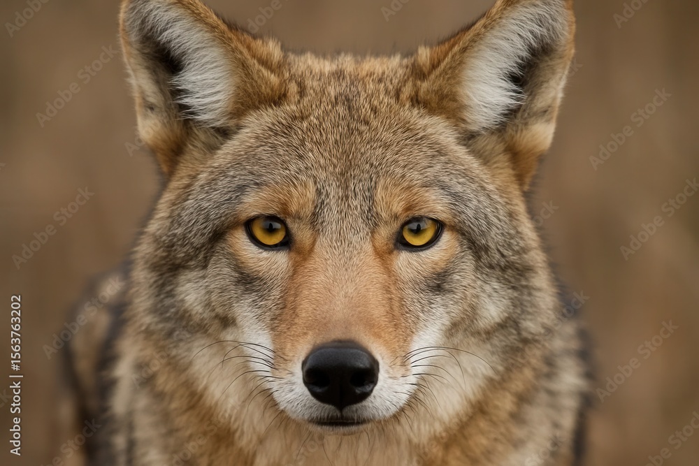 A close up of a coyote's face with yellow eyes A close up of a coyote's face with yellow eyes