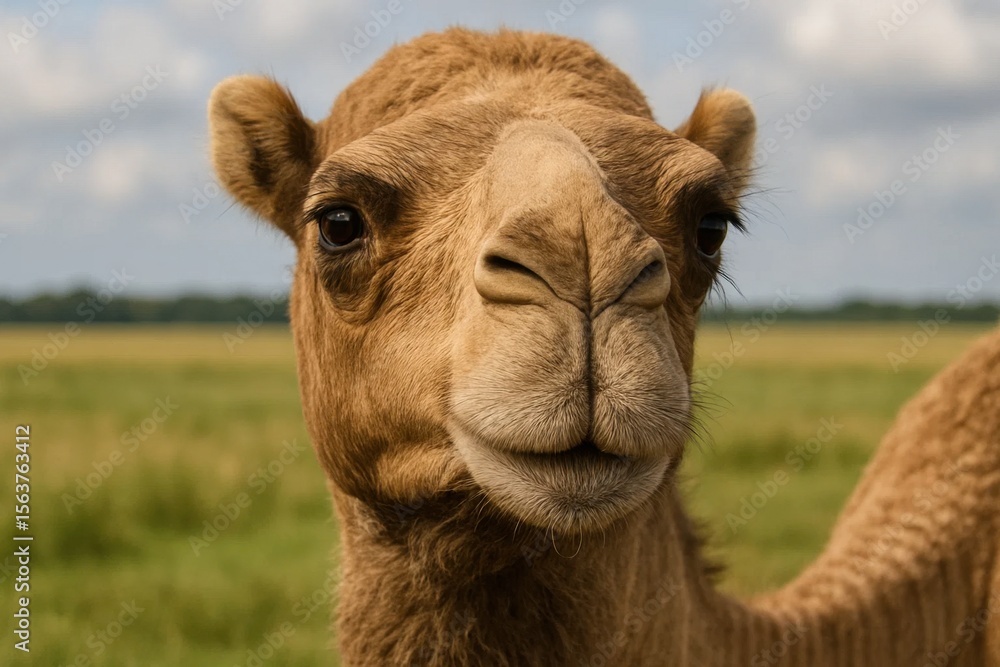 Obraz premium A close up of a camel's face in a field