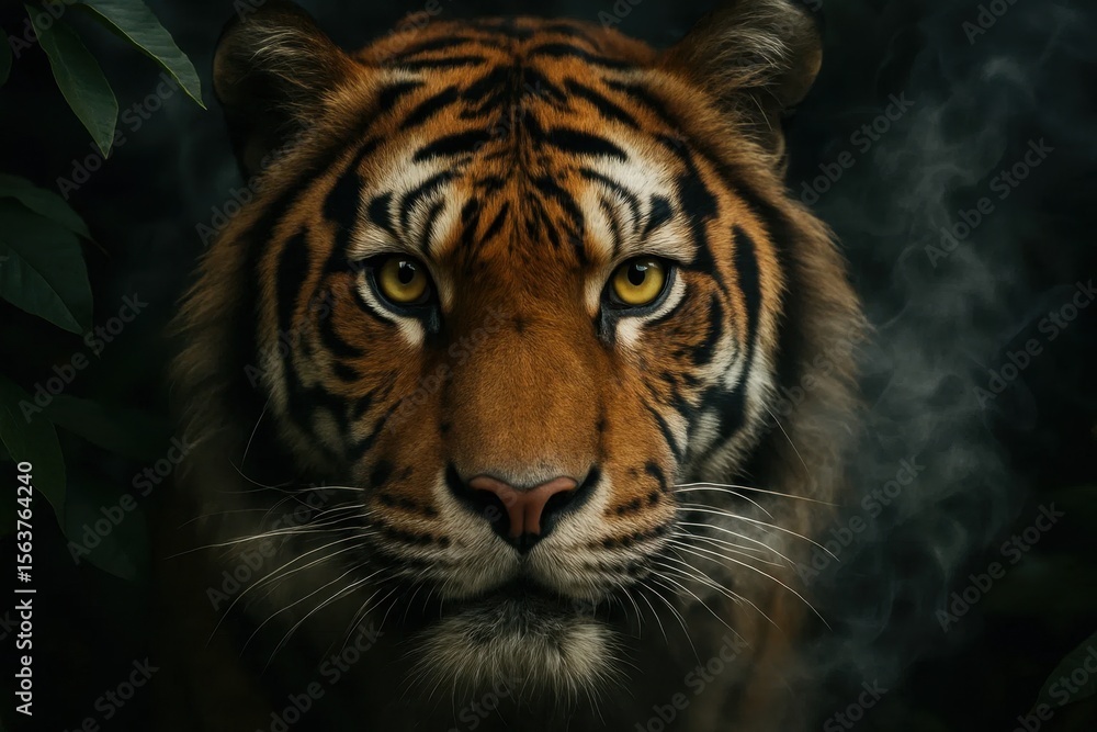 A close up of a tiger's face with smoke coming out of its mouth A close up of a tiger's face with smoke coming out of its mouth