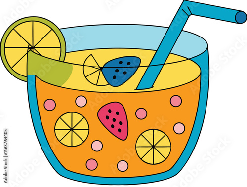 Colorful cocktail glass with straw and fruit vector