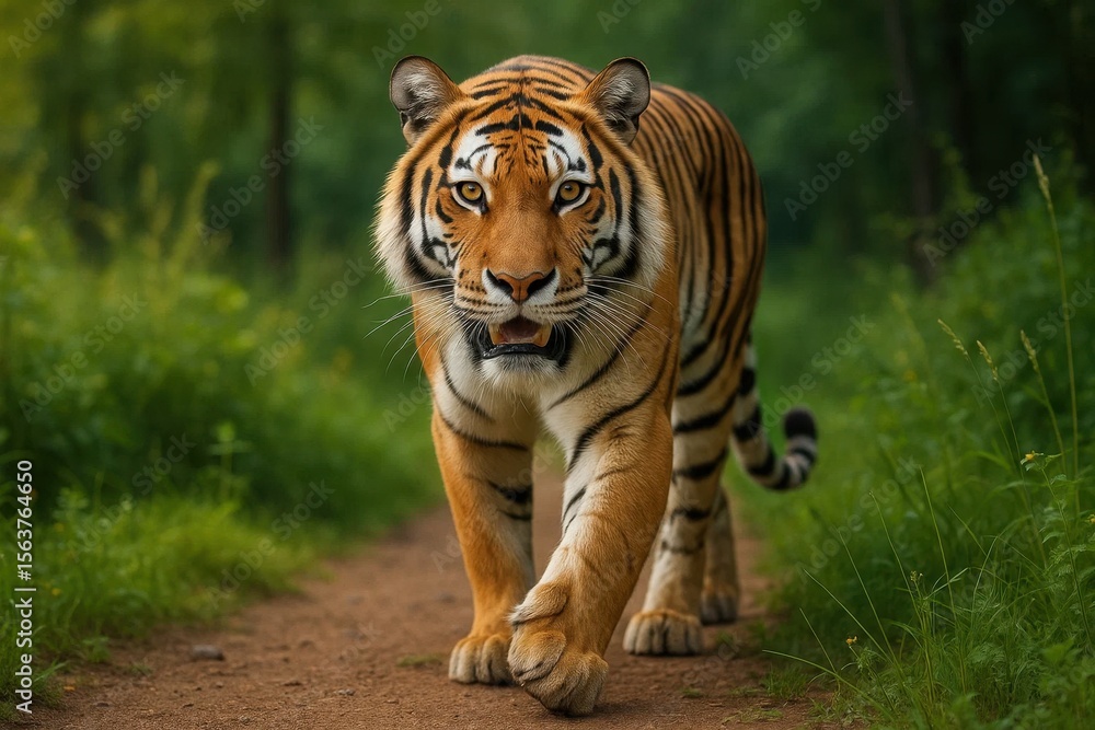 Fototapeta premium A tiger walking down a dirt road in the woods