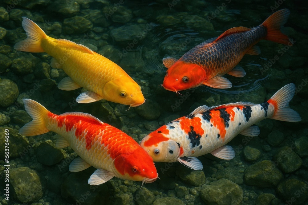 Naklejka premium A group of three koi fish swimming in a pond