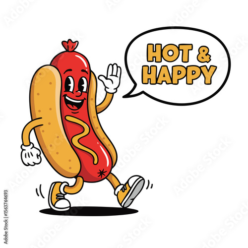 Cartoon Style Cheerful Hotdog Character with Speech Bubble Illustration