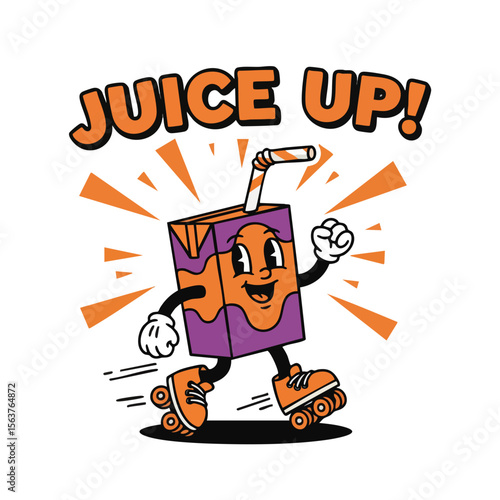 Retro Cartoon Juice Box Character Walking and Skating Illustration