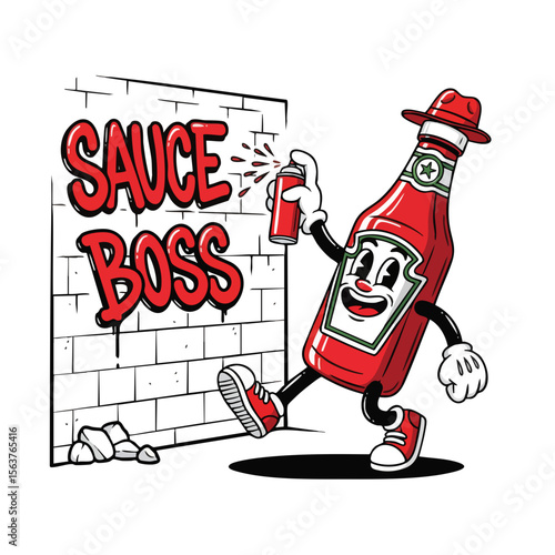 Cartoon Style Ketchup Bottle Mascot Spraying Graffiti Wall Illustration