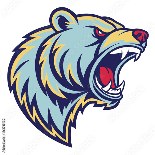 Angry bear head logo, stylized with bold lines and vibrant colors