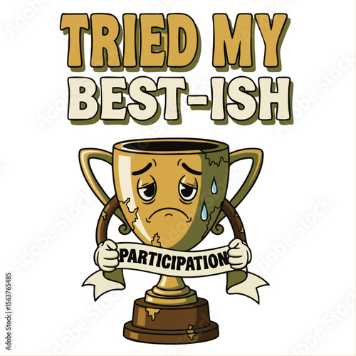 Cartoon Sad Golden Trophy with Participation Banner Graphic Illustration