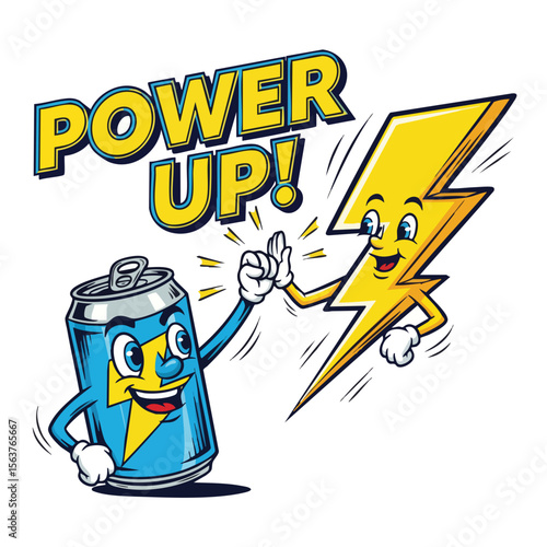 Cartoon Detailed Battery and Lightning Bolt Mascot Character Giving High Five Illustration