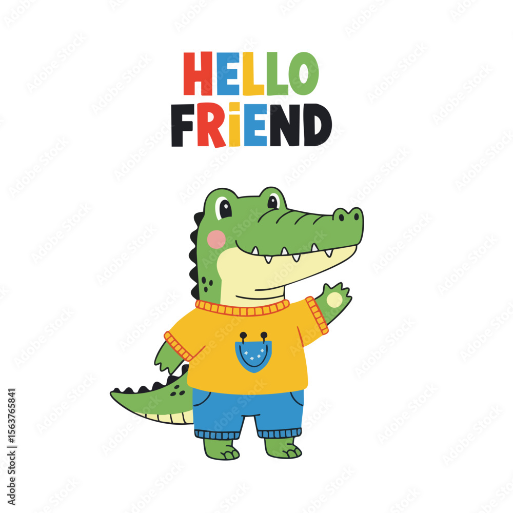 Obraz premium Cute Cartoon Alligator Waving Hand Illustration For Kids and Educational Material