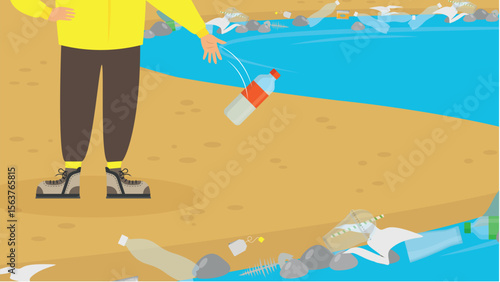Man collecting garbage on the beach. Vector illustration in flat style.