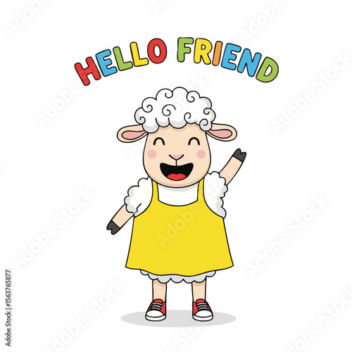 Whimsical Handdrawn Cheerful Sheep Character Wearing Dress Cartoon Illustration