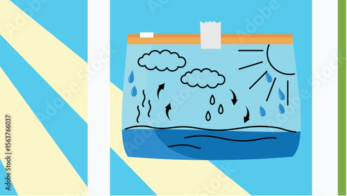 Illustration of a trash bin with rain and stormy weather.