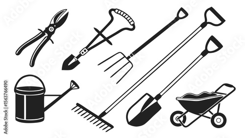 Silhouette Collection of Gardening Tools in Assorted Natural Poses, Isolated on White Background for Agriculture and Landscaping Design