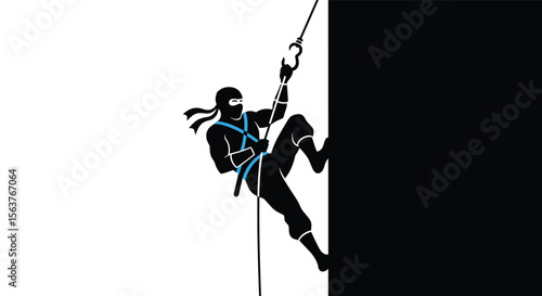 Silhouette of a stealthy ninja scaling a contrasting wall with grappling hook and rope