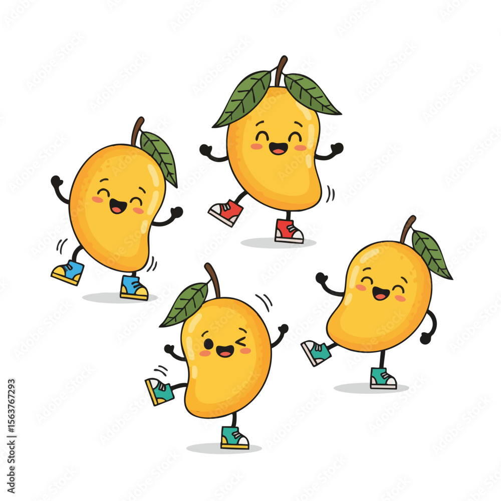 Fototapeta premium Cute Handdrawn Dancing Mango Fruit Character With Happy Expression Illustration