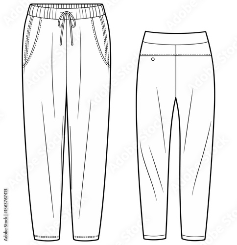 Front and back jogger pants technical fashion flat sketch, vector line drawing for clothing design, unisex casual wear, joggers template illustration