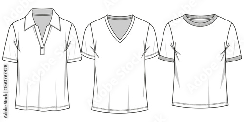 Front view technical flat sketch of short sleeve t-shirt, v-neck, polo shirt template, fashion illustration for apparel design, CAD drawing mockup