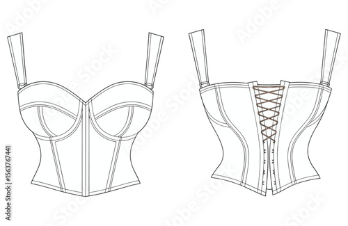 Corset top fashion flat sketch, vector female clothing design, front and back view, sexy bustier pattern, lingerie apparel drawing template