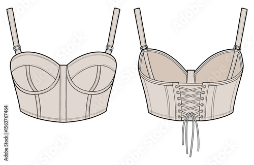 Fashionable women’s bustier corset top flat sketch, lingerie design template, front and back view illustration, vector garment technical drawing, apparel mockup