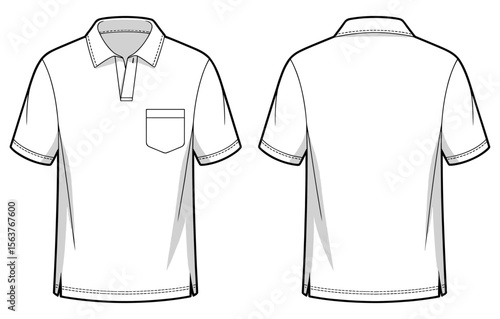 Front and back view of blank white polo shirt with pocket, short sleeves, collar, and detailed stitching for apparel design template.ai