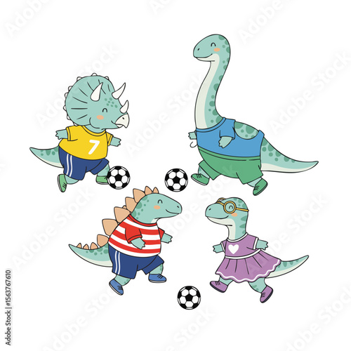 Whimsical Hand-Drawn Dinosaurs Playing Football Illustration for Children's Book