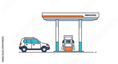 Modern White SUV Car Refueling at a Clean Gas Station with Orange and White Canopy and White Columns on a Sunny Day
