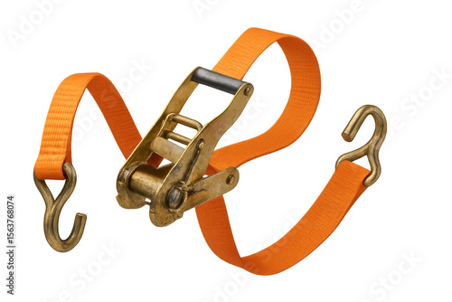 Orange ratchet strap with brass hooks isolated on transparent background