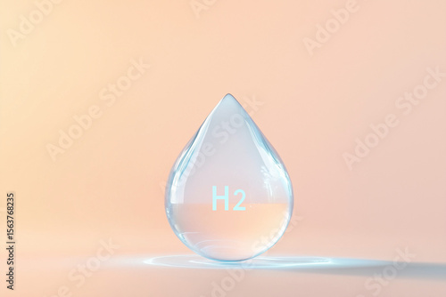 Transparent water droplet with H2 symbol representing green hydrogen energy. Renevable and sustainable fuels concept. Ecological transition idea.